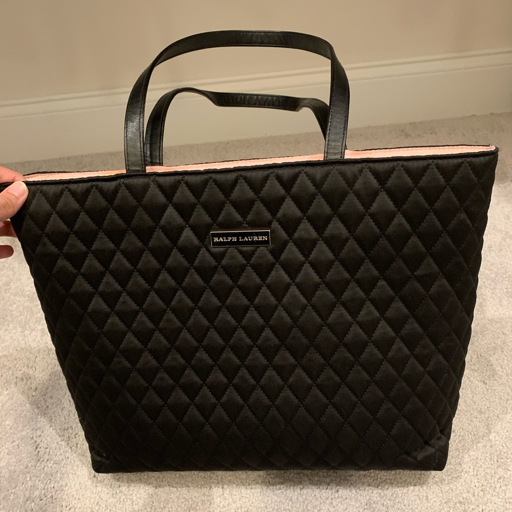 Ralph Lauren Black Quilted Padded Handbag with pink interior Perfect Condition
